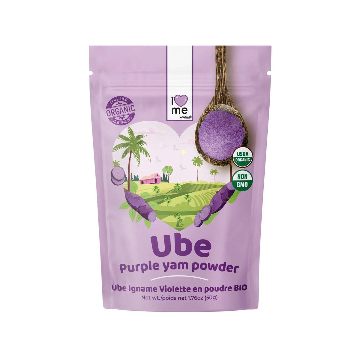 Organic Ube Purple Yam Powder by ILOVEME, 50g package with a spoonful serving, showcasing vibrant purple yam powder.