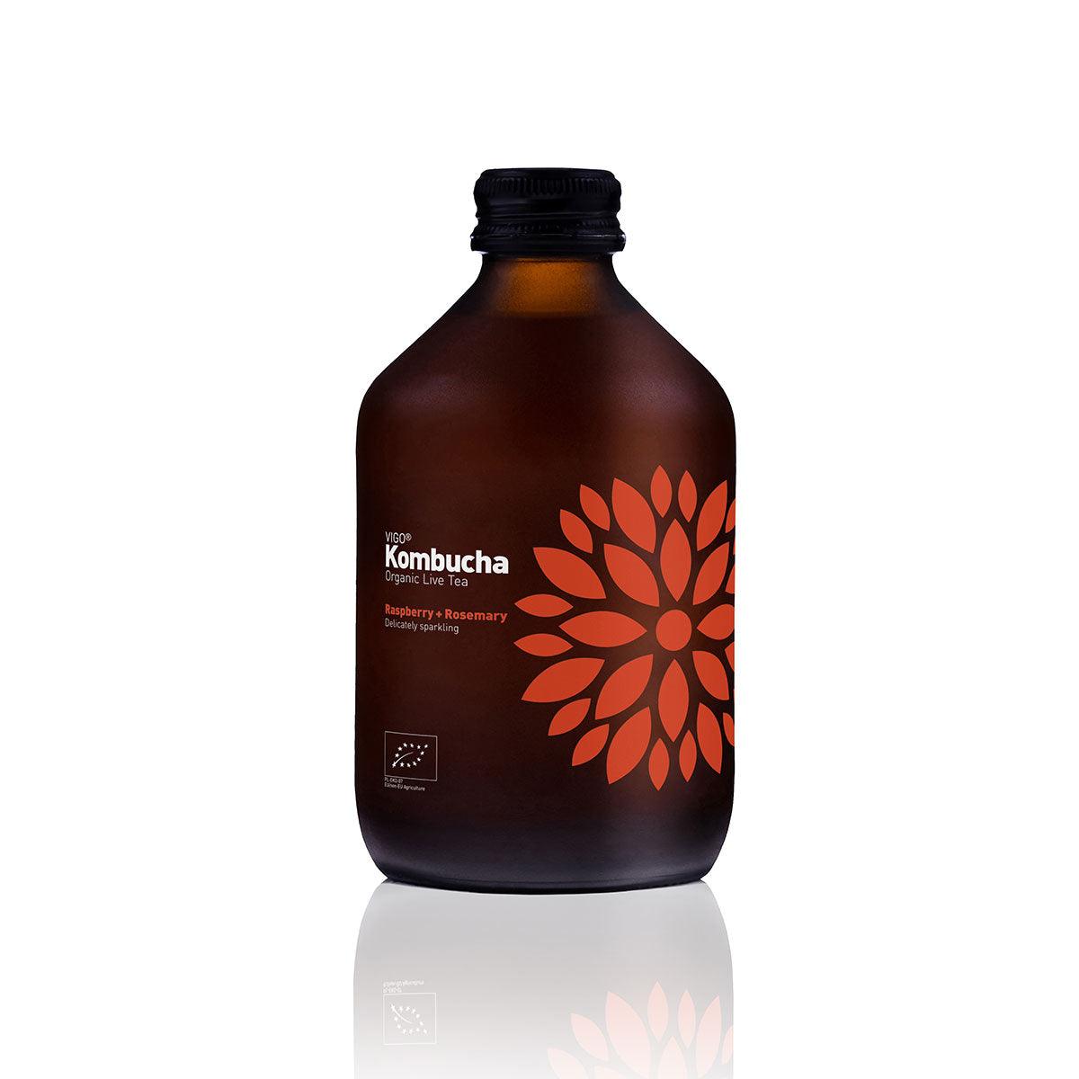 VIGO Kombucha Longbrew BIO Raspberry and Rosemary in 330ml bottle, herbal drink with fresh raspberry and rosemary ingredients.