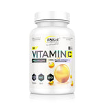 Bottle of Genius Nutrition Vitamin C supplement with 60 tablets, showcasing the label and tablet details.