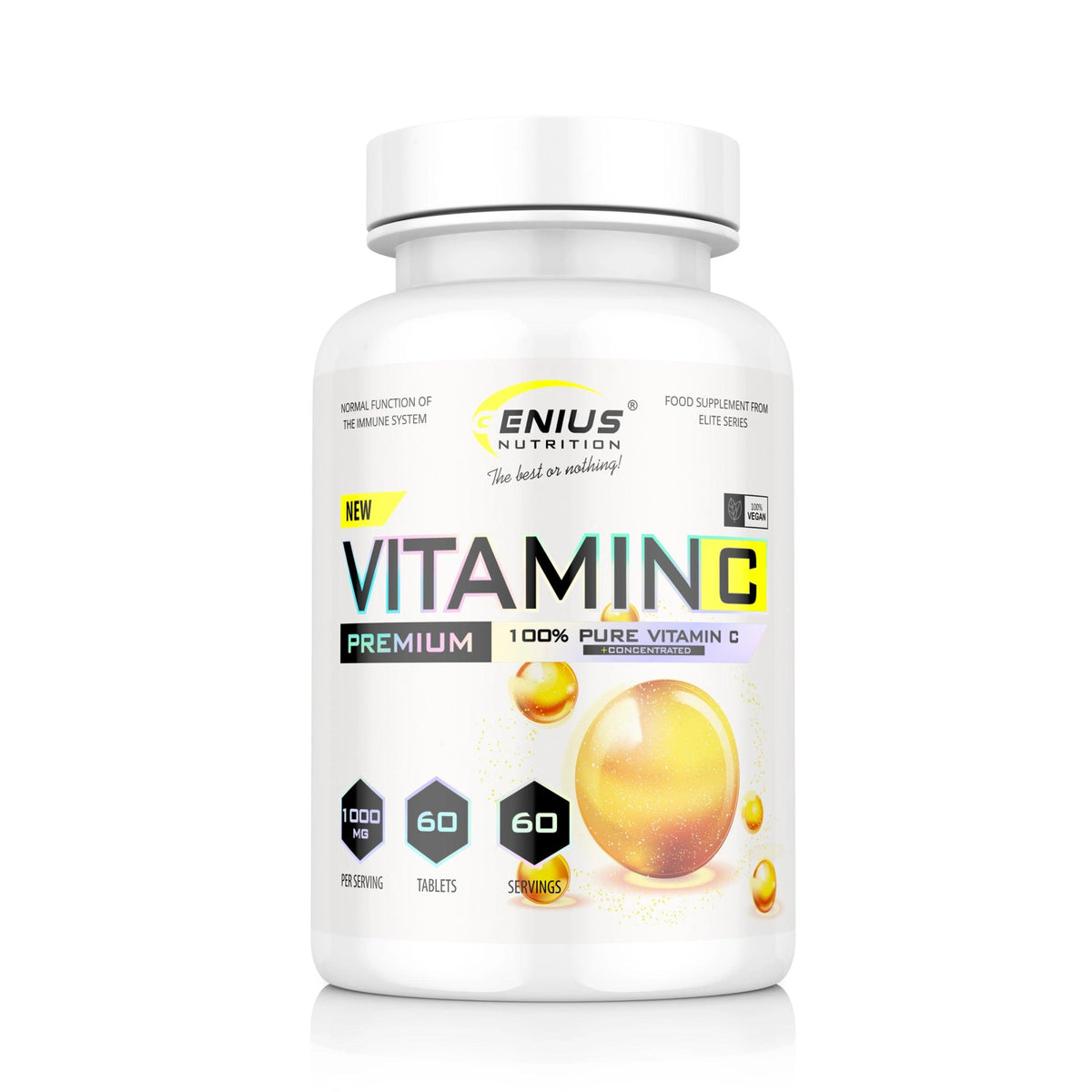 Genius Nutrition Vitamin C supplement bottle with 60 tablets, showing the label and orange-colored packaging.