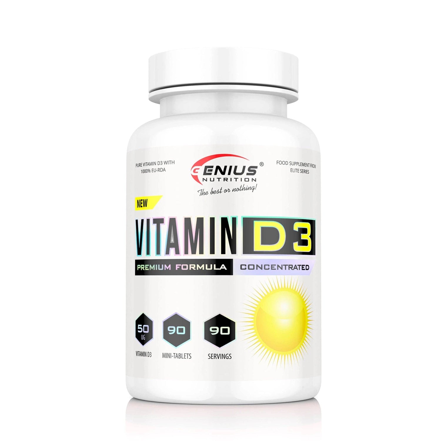 Genius Nutrition Vitamin D3 supplement bottle with 90 tablets, showing label and tablets inside the container.
