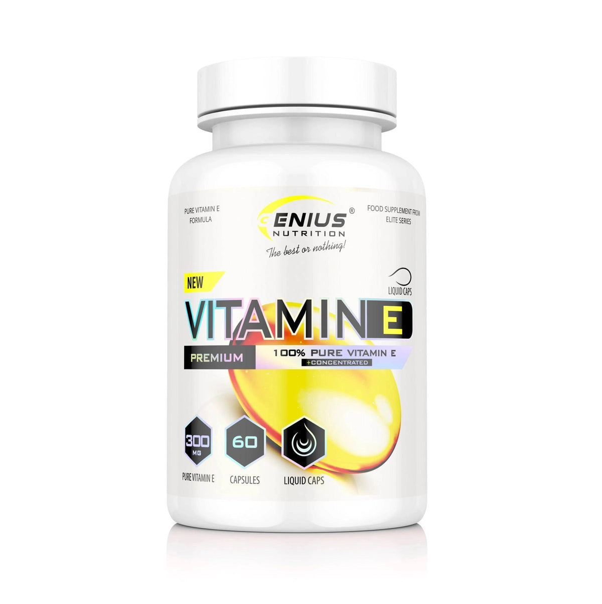 Genius Nutrition Vitamin E liquid capsules in a bottle, dietary supplement for skin and immune health.