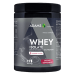 Adams Supplements raspberry whey isolate protein supplement in 360g container, showing the label and scoop with powder.