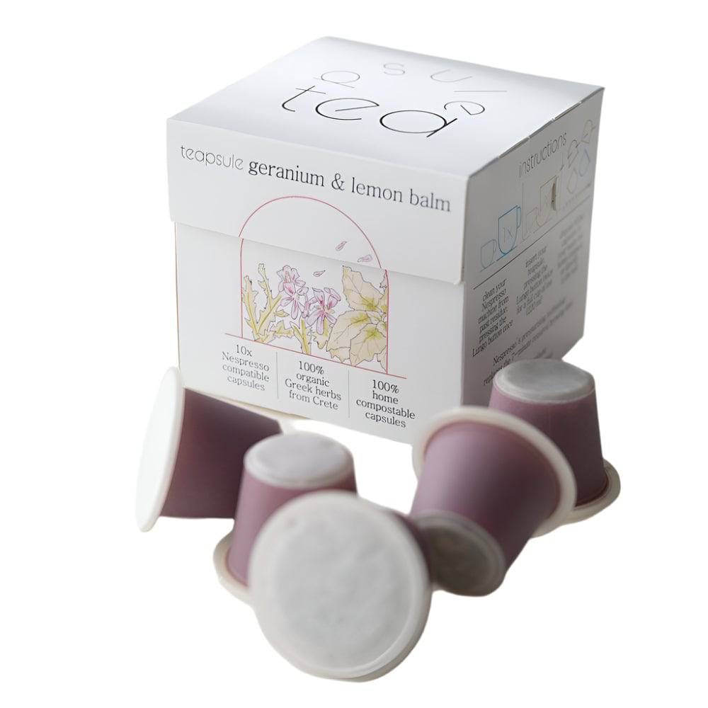 Tea capsules by TEAPSULE featuring geranium and lemon balm, shown in a clear container with 10 capsules inside.