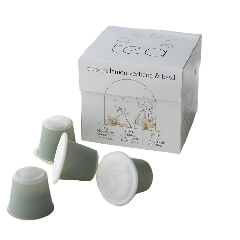 Lemon Verbena and Basil tea capsules from TEAPSULE, 10-pack, showing the tea capsules in a clear container
