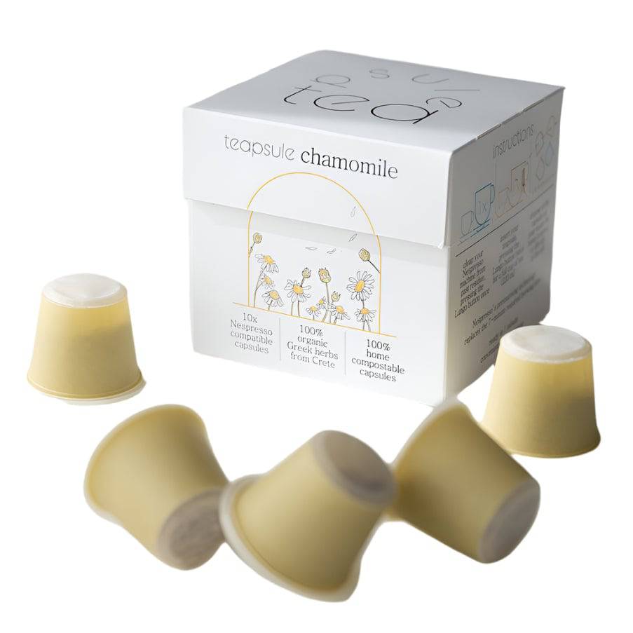 Chamomile tea capsules from TEAPSULE, showing 10 capsules in a natural setting with a tea cup and chamomile flowers.