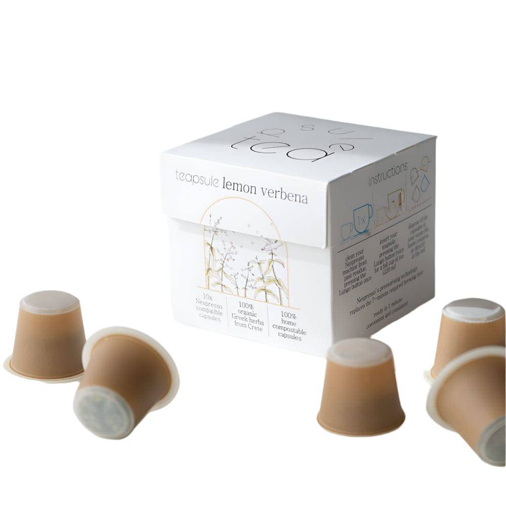 Lemon Verbena tea capsules by TEAPSULE, showing 10 capsules in a transparent container on a white background.