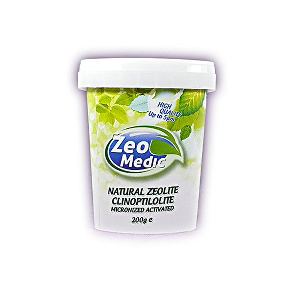 ZEO-MEDIC Dietary Zeolite Powder, 200g, showing fine mineral powder made from clinoptilolite, a natural detoxifying supplement.