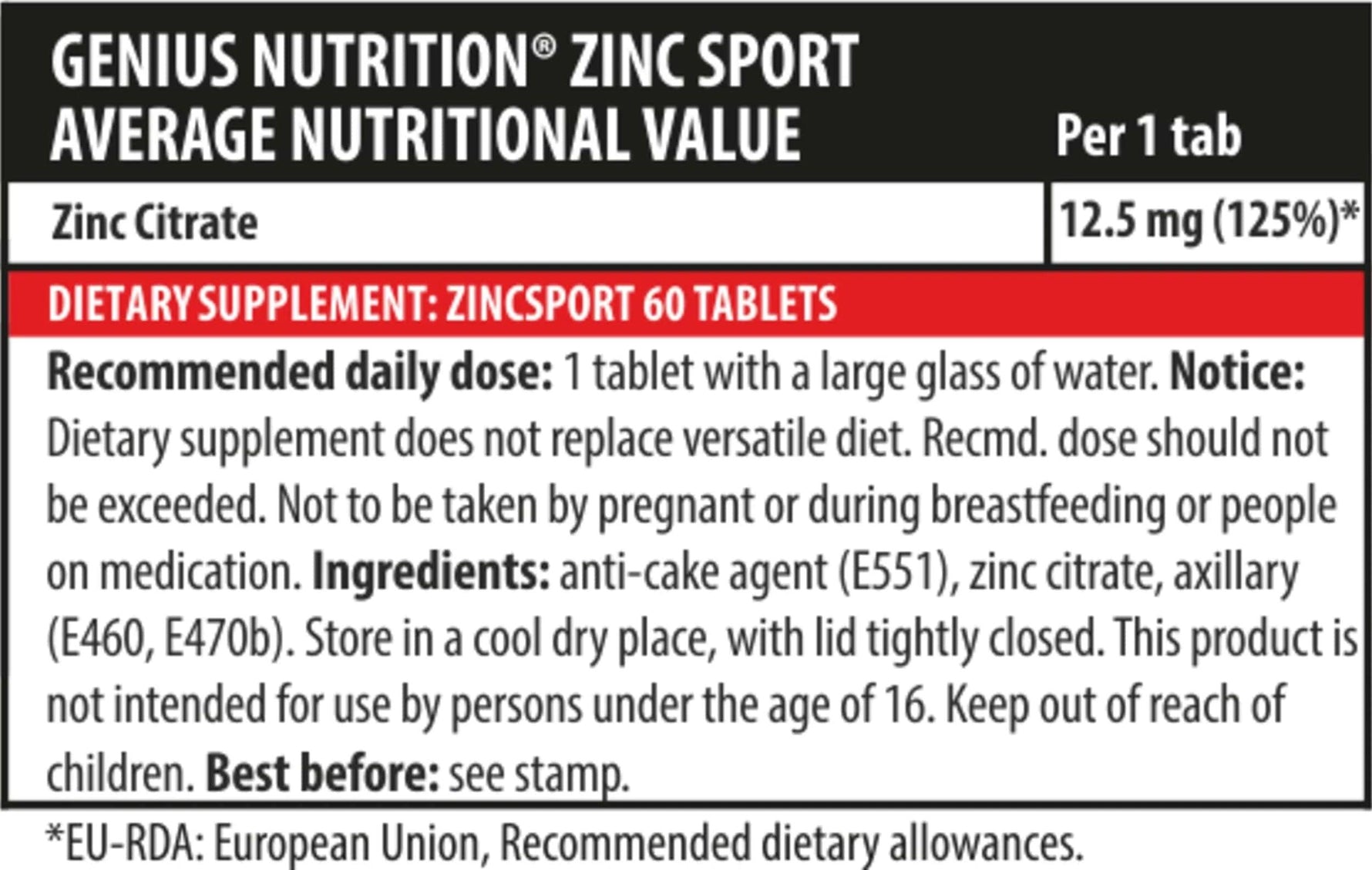 Genius Nutrition Zinc Sport supplement bottle with 60 tablets, showing label and capsule images on a white background.