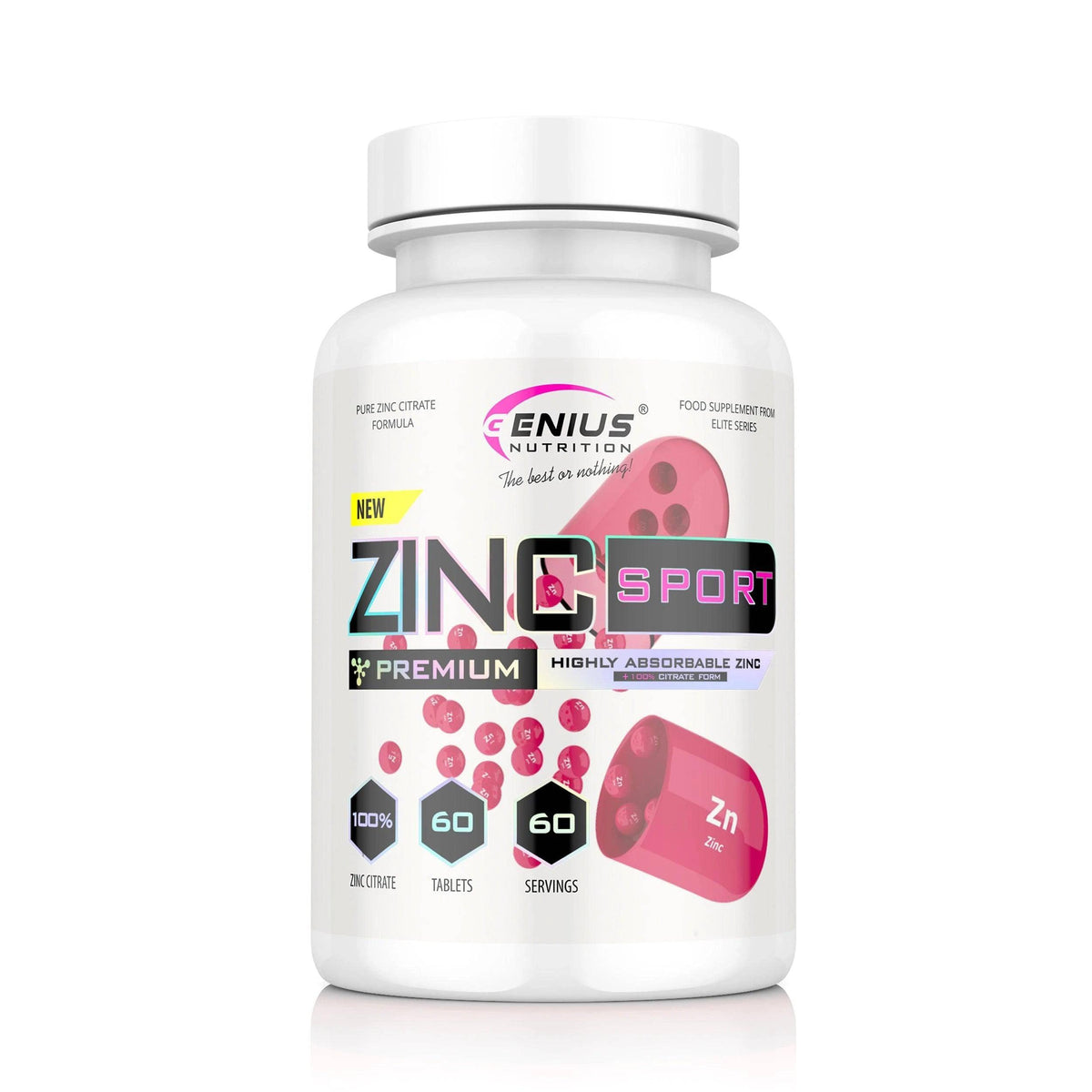Genius Nutrition Zinc Sport supplement bottle with 60 tablets, showing the label and product packaging.