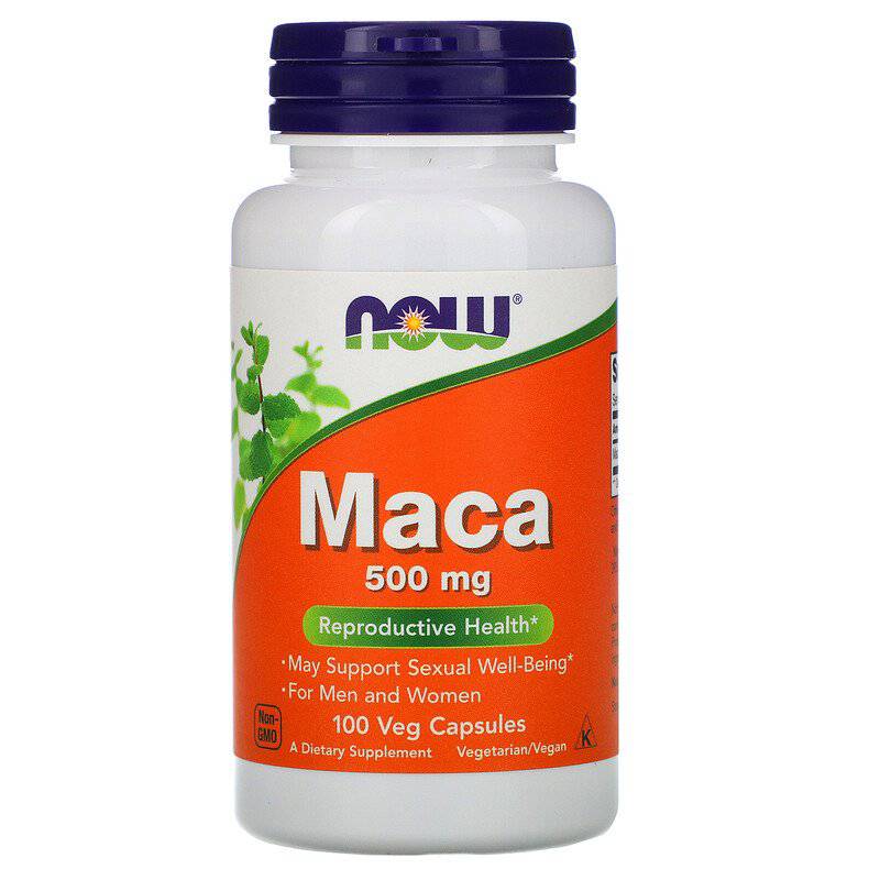 Now Foods Maca 500mg supplement capsules, 100 vegan capsules in a bottle, used for energy and hormonal support.