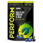 Large container of VIVO LIFE PERFORM Raw Plant Protein & BCAA protein powder with scoop and label showing ingredients.
