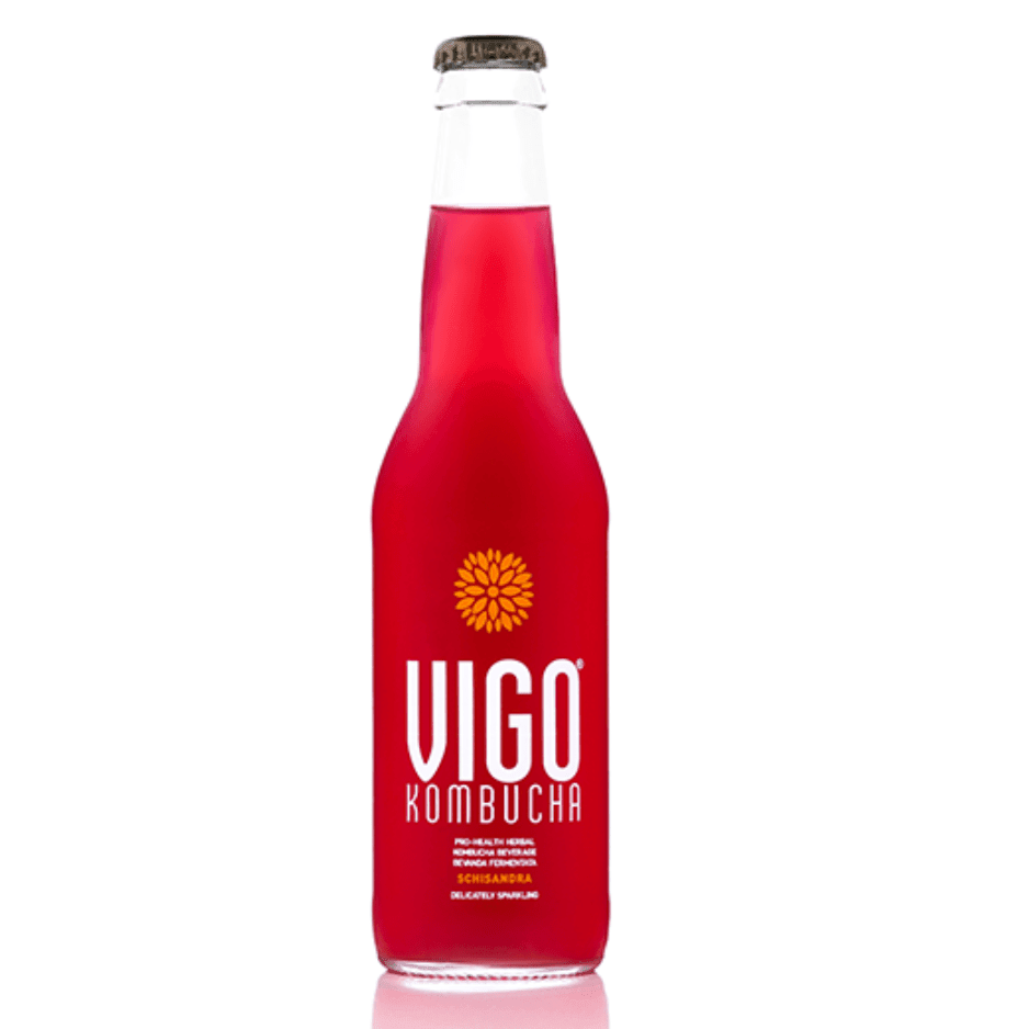 Herbalistas VIGO Kombucha Lightbrew Schisandra tea bottle, 330ml, with vibrant label and fresh tea beverage inside.