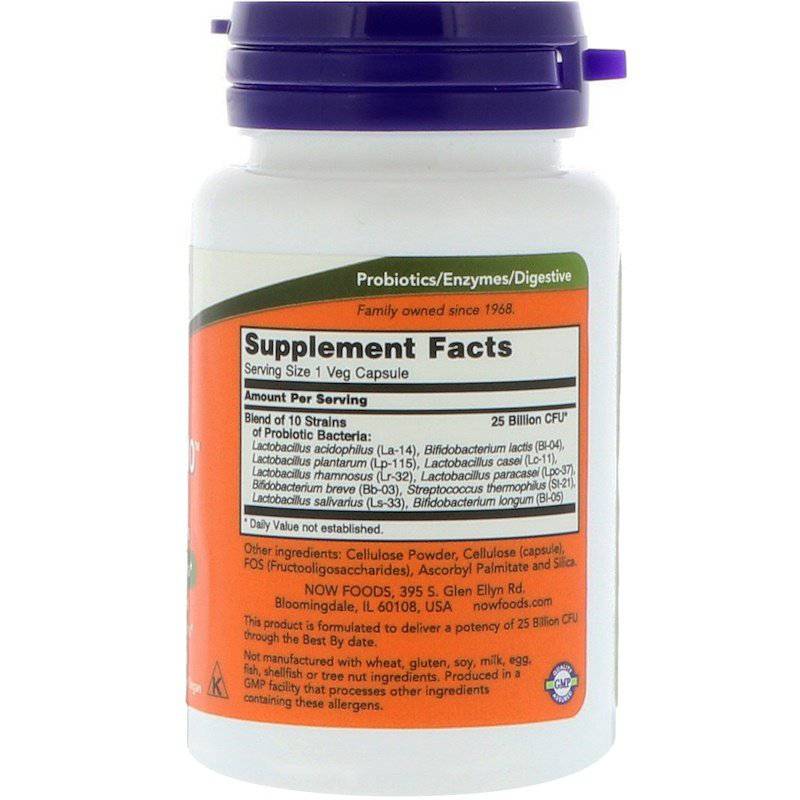 Now Foods Probiotic-10 supplement with 25 billion CFUs in 50 vegan capsules, designed to support digestive health.