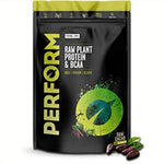 Large container of Vivo Life PERFORM Raw Plant Protein & BCAA protein powder in a white jar with a colorful label.