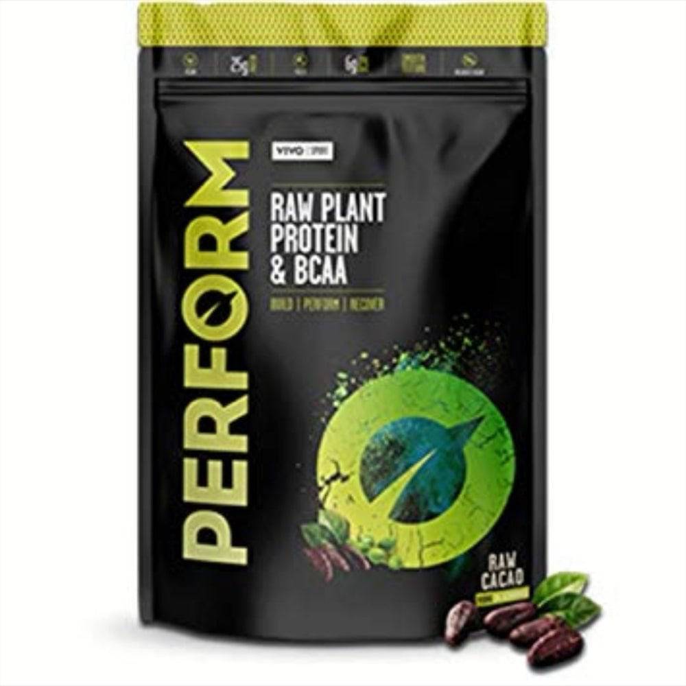 VIVO LIFE PERFORM Raw Plant Protein and BCAA supplement container with 7 servings, featuring colorful labeling and scoop.