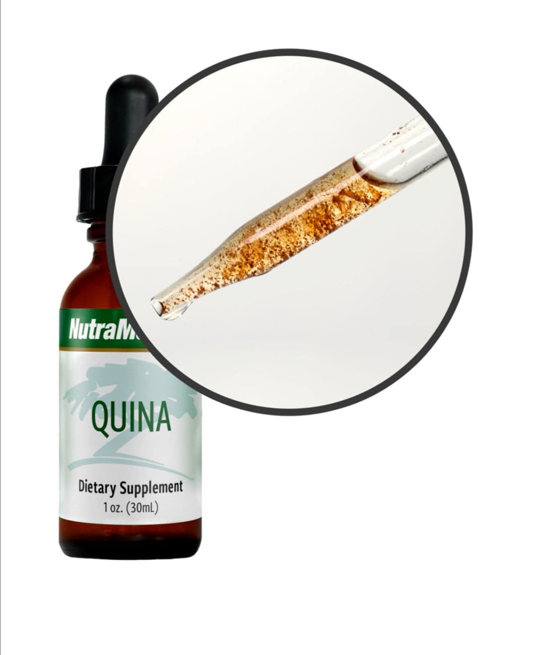 SENTOSA Nutramedix Quina microbial defense supplement bottle with label and cap, close-up image showing product details.