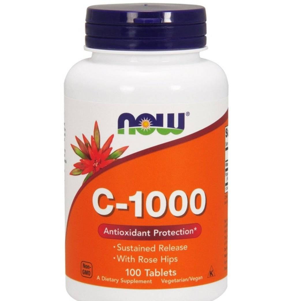 Old Products NOW Foods C-1000 supplement bottle with 100 tablets, dietary vitamin C supplement in a clear container.