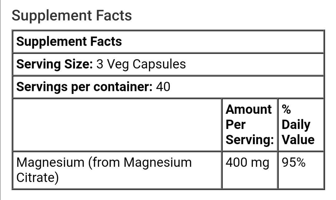 MKSTAVRINOS Magnesium Citrate supplement, 120 veggie capsules, dietary supplement for muscle and nerve support.