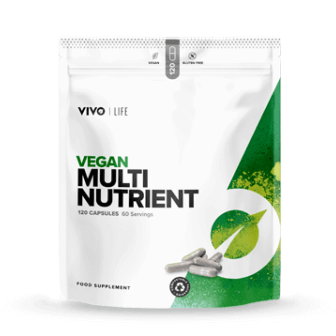 Vivo Life Vegan Multinutrient and Mineral Supplement capsules in a bottle, designed for plant-based nutrition and health support.