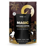 Vivo Life Magic Organic Coffee with Lion’s Mane mushroom in a coffee cup, showcasing a rich, dark brew with fresh coffee beans.