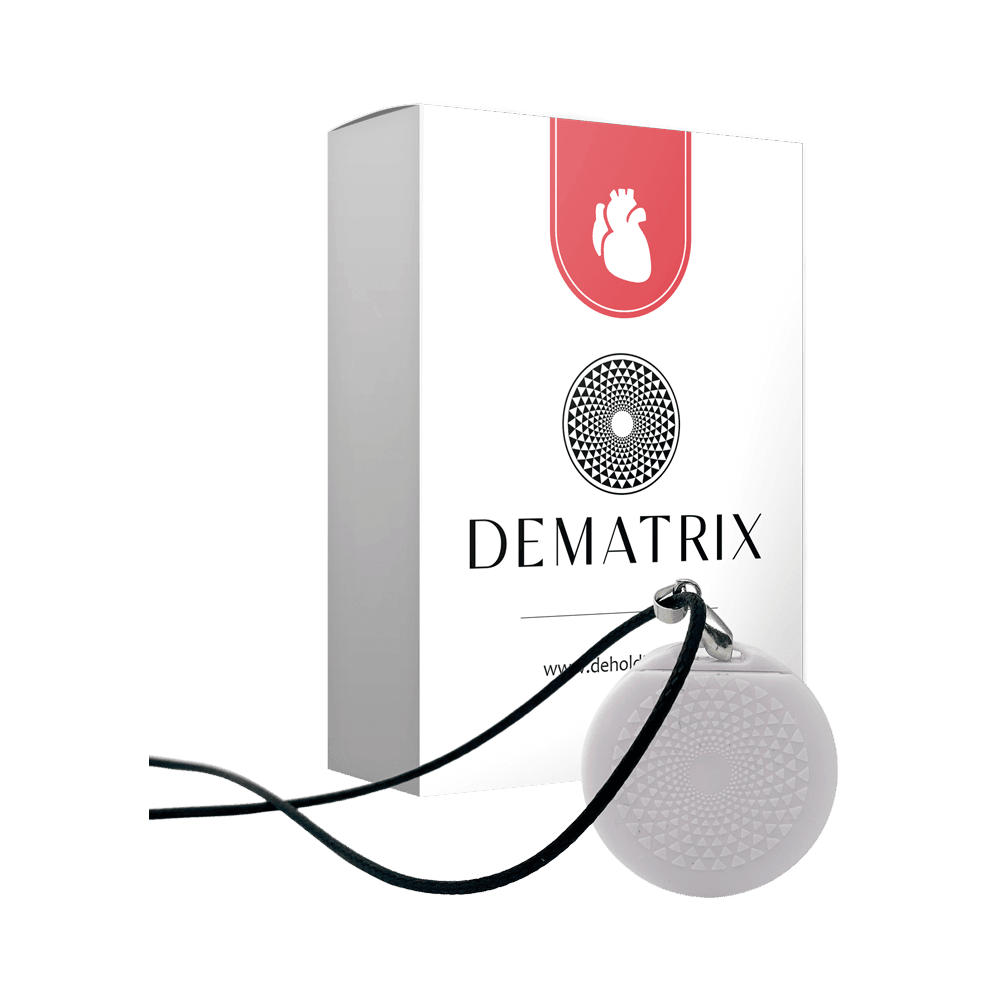 DeMatrix Red Healthy Heart supplement bottle showing the product label with a heart graphic, emphasizing heart health and wellness.