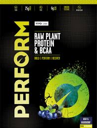 Vivo Life PERFORM Raw Plant Protein & BCAA supplement container with scoop, 7 servings, natural plant-based ingredients.