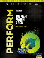 Vivo Life PERFORM Raw Plant Protein & BCAA supplement container with scoop, 7 servings, natural plant-based ingredients.
