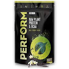 Large container of Vivo Life PERFORM Raw Plant Protein & BCAA protein powder with a natural, plant-based label.