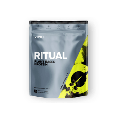 Vivo Life plant-based protein powder in dark chocolate flavor, 30 servings, showing the chocolate protein powder packaging.