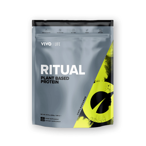 Vivo Life plant-based protein powder container with unflavored powder for smoothies and shakes.