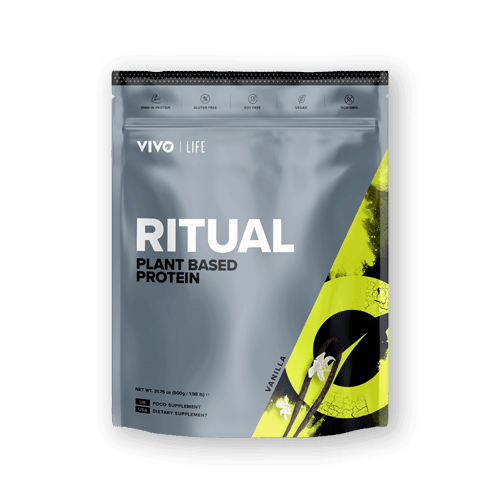 Vivo Life plant-based vanilla protein powder in a 30-serving container, featuring a vanilla-flavored protein powder scoop.